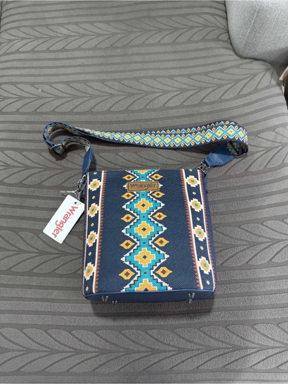 Wrangler Navy Blue Crossbody with Teal and Yellow Geometric Pattern
